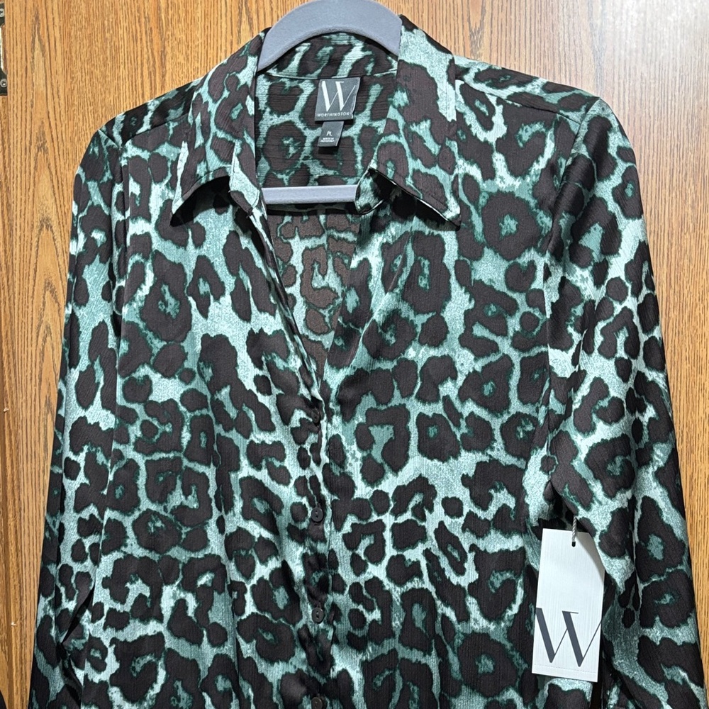 Worthington Teal and Black Animal Print Button Down Shirt
